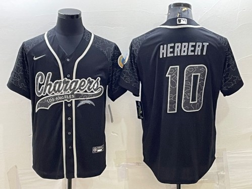 Men's Los Angeles Chargers #10 Justin Herbert Black Reflective With Patch Cool Base Stitched Baseball Jersey - Click Image to Close